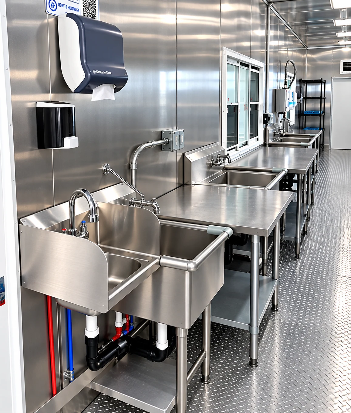 Stainless sink with a splash guard and a work table beside soap and towel dispensers in a dishwashing trailer