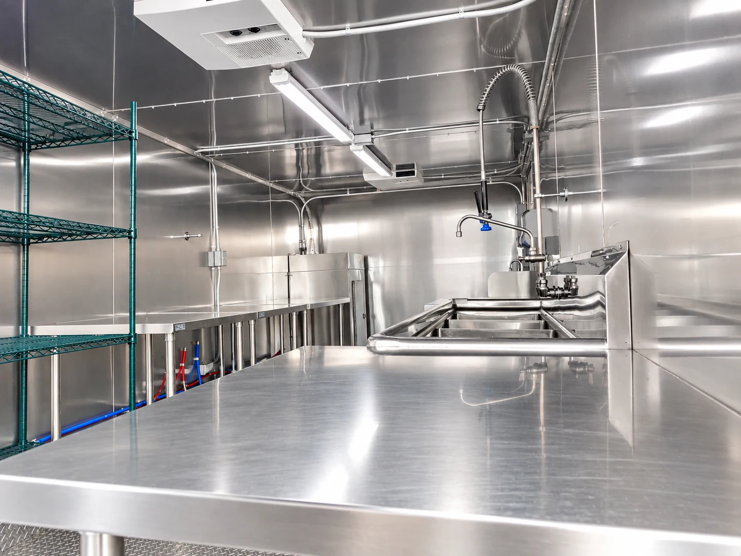 Stainless steel work table with a pre-rinse sprayer and sink under the overhead lights of a dishwashing trailer