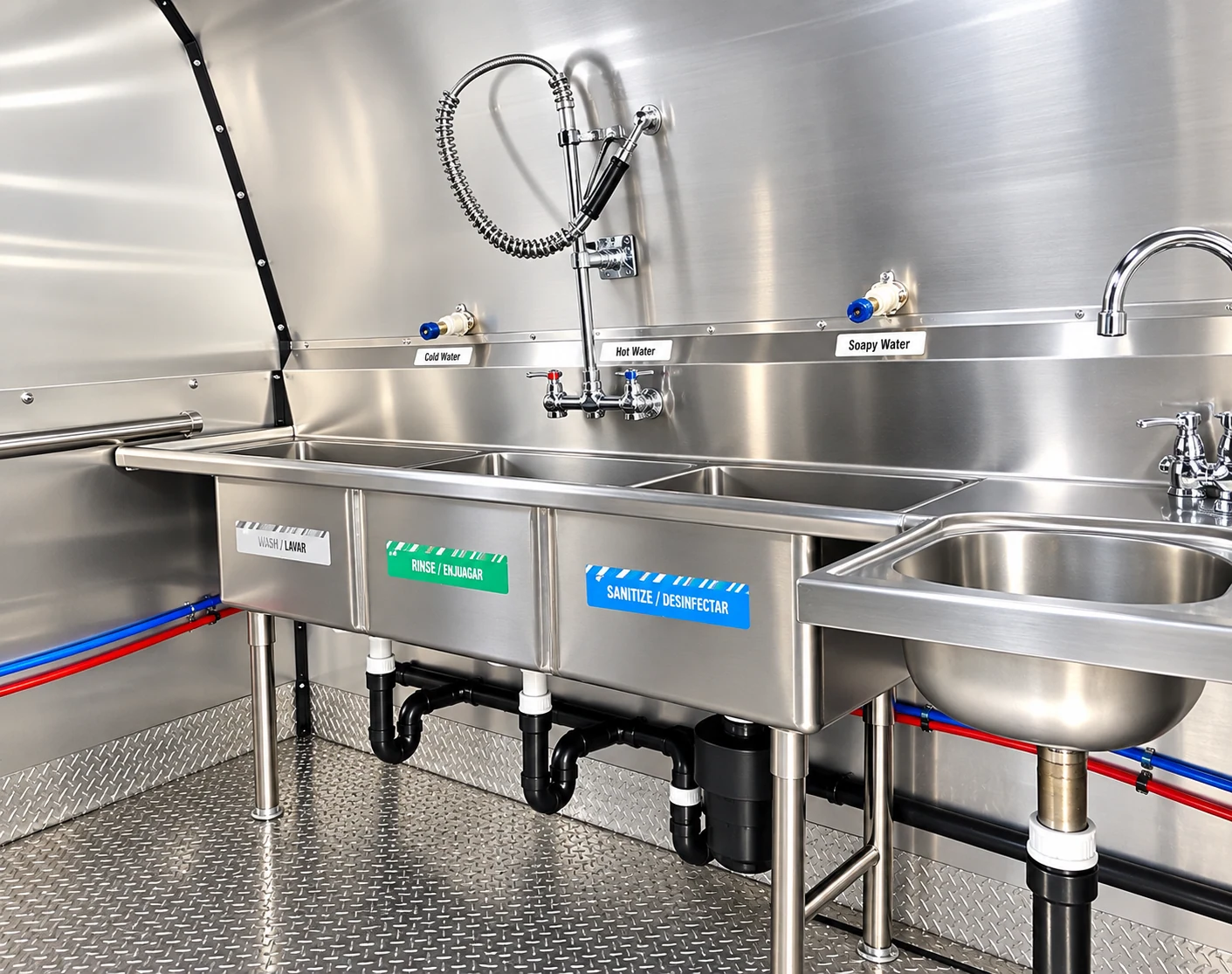 Three-compartment sink with a pre-rinse sprayer, color-coded labels and floor drains