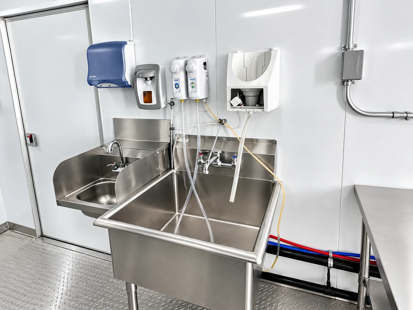 Wall-mounted dispensers above a deep utility sink in a mobile dishwashing trailer