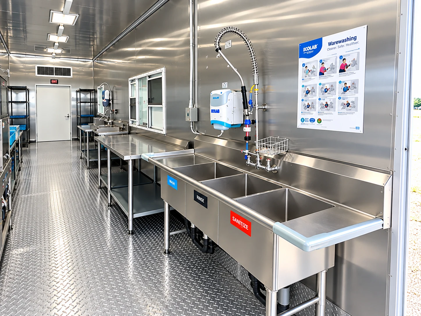 Dishwasher work area with a pre-rinse sprayer, instruction poster and long three-compartment sink