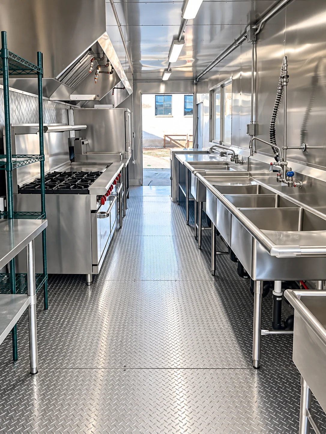 Portable commercial kitchen interior with a range, wire shelving and a three-compartment sink